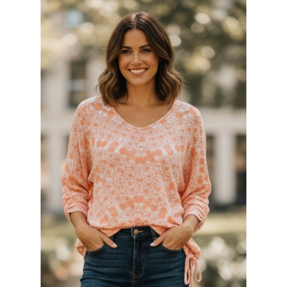 New York  & Co V-neck Side Tie Floral Sweater Coral & White Size M